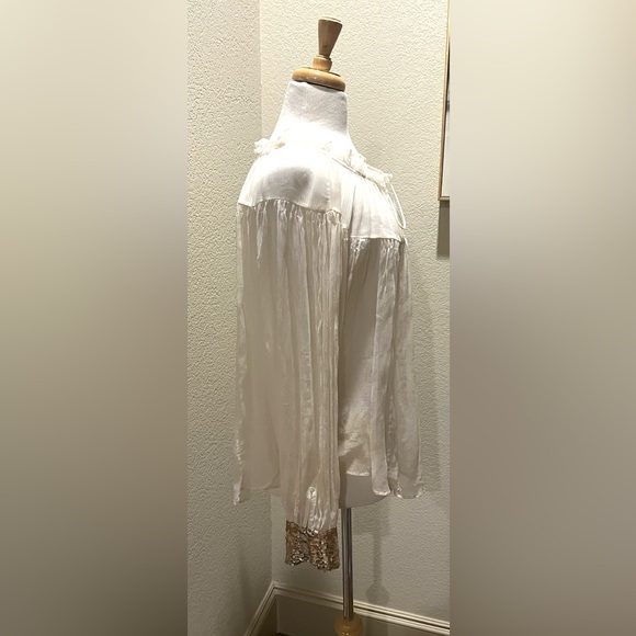 Free People Ivory Dream Sheer Split Neck Chiffon Sequin Cuff Boho Blouse Shirt S - Picture 5 of 8